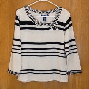 Evan Picone Pullover Sweater Size L Black Striped Cotton Blend Nautical Applique